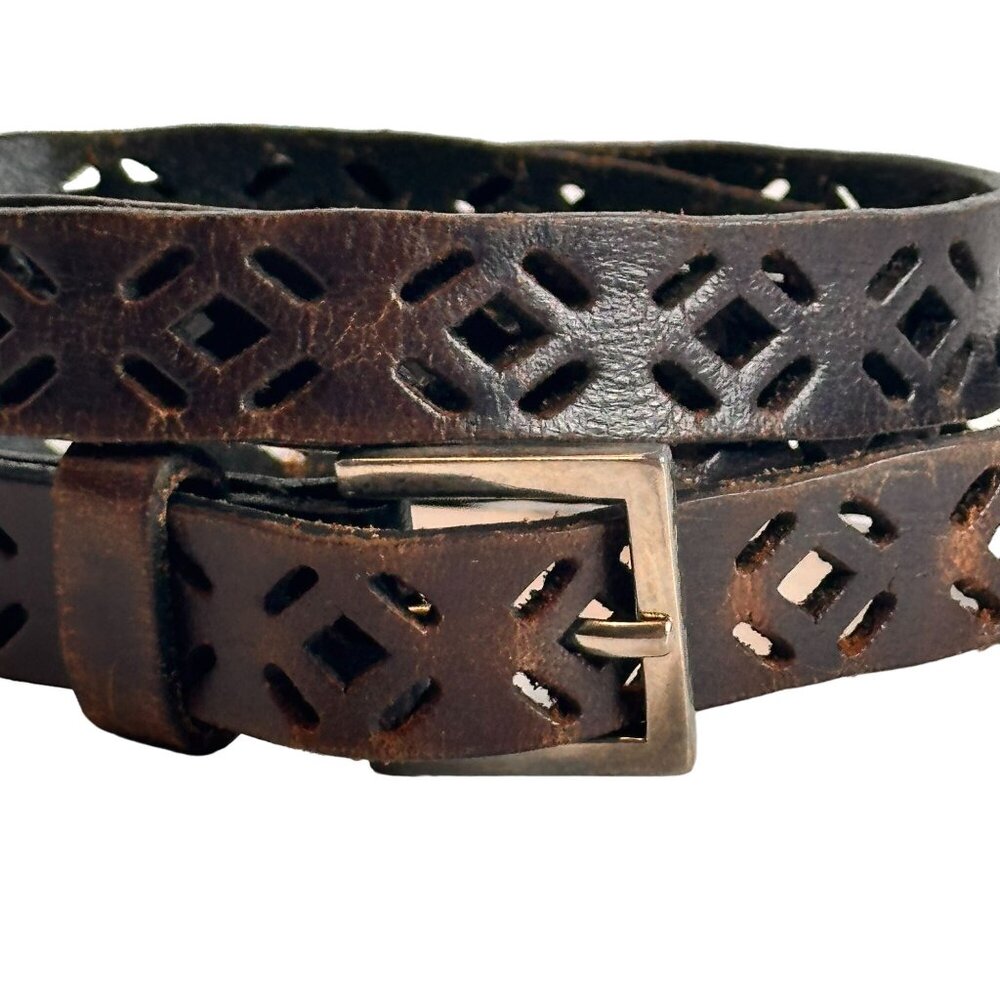 Vintage Brown Leather Belt With Cut-Out Design & Metal Buckle 42in long